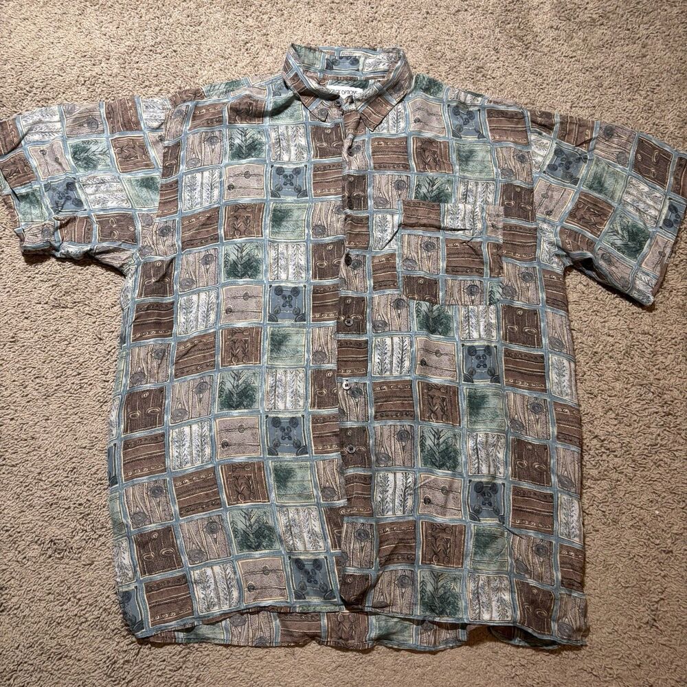 Stock Options XL Mens Vintage 90s Button Down Shirt Brown Blue Geometric Art